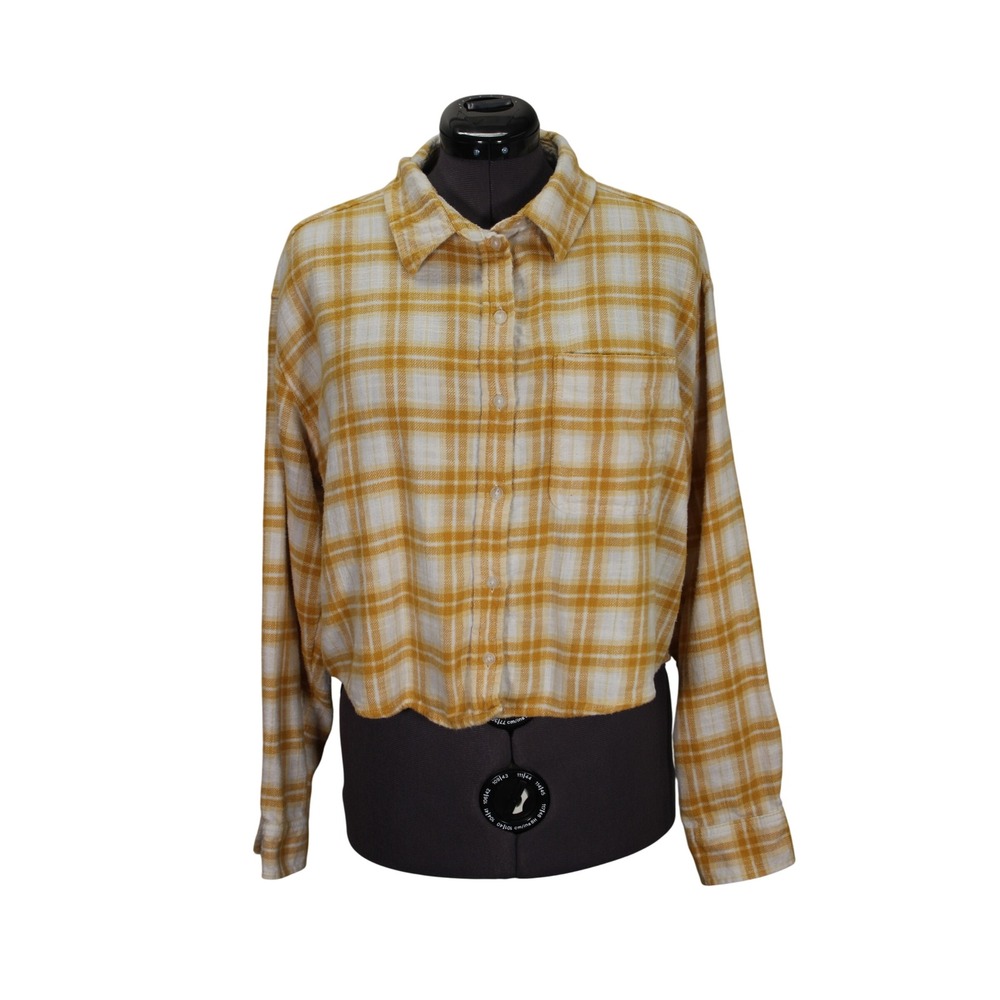 American‎ Eagle Plaid Flannel Shirt Women's L Yellow Cropped Distressed Grunge